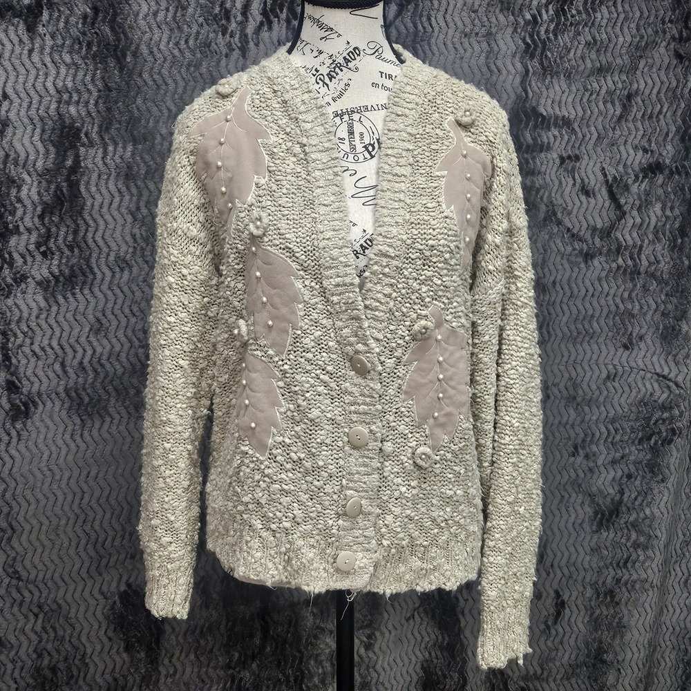 Vtg Exclusive Imports Cardigan Womens S Beige Crochet Fall Leaves Holiday Granny